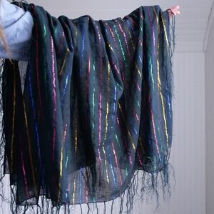 Vintage 1970s made in India rainbow lurex striped cotton big scarf
